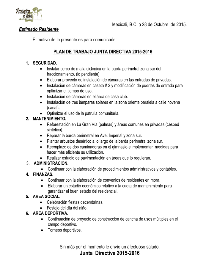 PLAN DE TRABAJO JUNTA DIRECTIVA 2015-2016 – Asoc. Vec. Puerta De Alcala